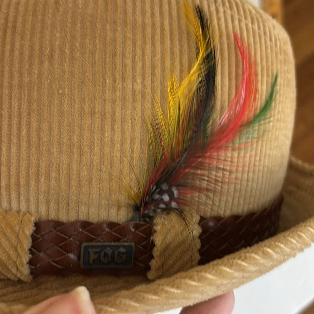 Vintage Tan Corduroy London Fog Feathered Fedora Size 7